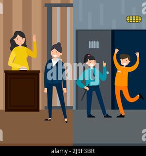 Law system vertical banners with female witness lawyer in court session and defendant getting out of jail vector illustration Stock Vector