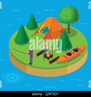 Isometric water active recreation concept with fishing man cooking woman boat tent trees on island vector illustration Stock Vector