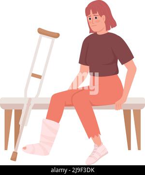 Woman with broken leg and crutch semi flat color vector character Stock Vector