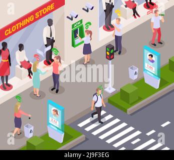 People with social credit score pictograms above their heads in street near clothing store isometric composition 3d vector illustration Stock Vector