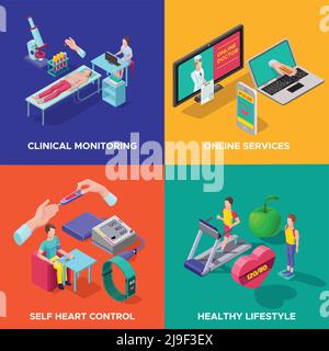 Isometric heart care concept with medical control diagnostic procedures devices gadgets sport healthy lifestyle and proper nutrition vector illustrati Stock Vector