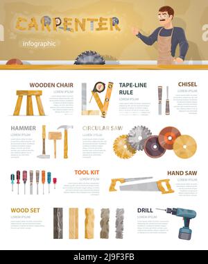 Colorful carpentry infographic template with professional instruments tools accessories and equipment of carpenter vector illustration Stock Vector