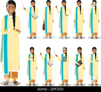 Detailed illustration of indian businesswoman standing in different positions in flat style on white background. Stock Vector