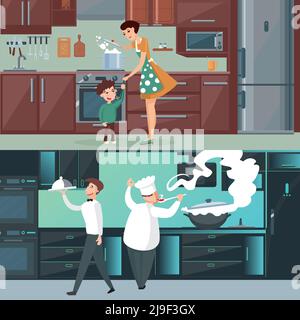 Home and restaurant kitchen horizontal banners with people interior furniture utensil appliances and cutlery vector illustration Stock Vector