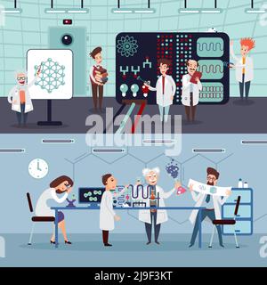 Scientific research horizontal banners with group of scientists doing experiments and tests in laboratory vector illustration Stock Vector