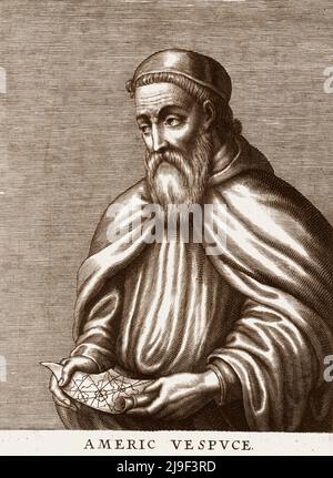 Engraving portrait of Amerigo Vespucci.  Amerigo Vespucci (1451–1512) was an Italian merchant, explorer, and navigator from the Republic of Florence, Stock Photo