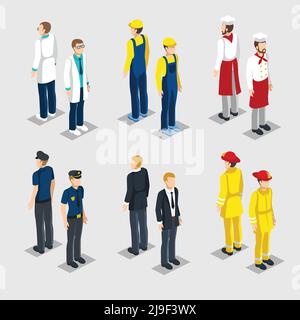 Isometric professions collection with male doctor painter chef policeman manager firefighter isolated vector illustration Stock Vector