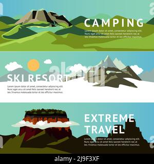 Outdoor recreation horizontal banners with mountain landscapes for different types of tourism and traveling vector illustration Stock Vector