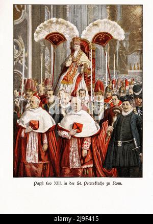 Color lithograph of Pope Leo XIII in the cathedral of St. Peter (St. Peter's Basilica) in Rome. Pope Leo XIII (Leone XIII; born Vincenzo Gioacchino Ra Stock Photo