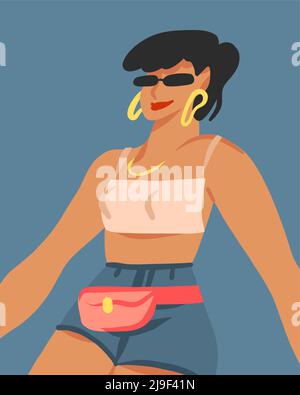 Hand drawn vector abstract stock modern graphic illustration character of young summer happy retro vintage hippie girl ,funky modern woman design,90s Stock Vector