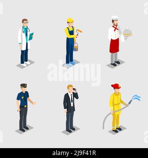 Isometric male characters professions set of doctor painter chef police officer businessman firefighter with professional equipment isolated vector il Stock Vector