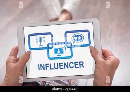 Influencer concept shown on a tablet held by a woman Stock Photo