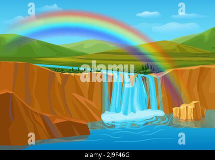 Cartoon spring nature landscape template with waterfall mountains river hills green trees water rocks rainbow vector illustration Stock Vector