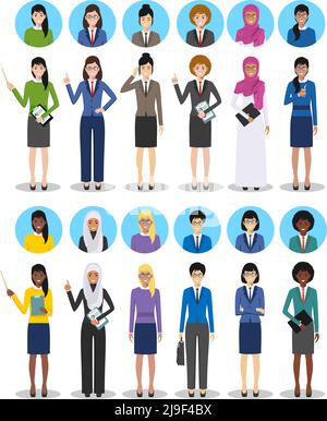 International business team and teamwork concept. Detailed illustration of diverse business people in different positions in flat style on white backg Stock Vector