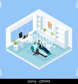 Isometric medical stomatology concept with patient has dentist appointment in dental clinic isolated vector illustration Stock Vector