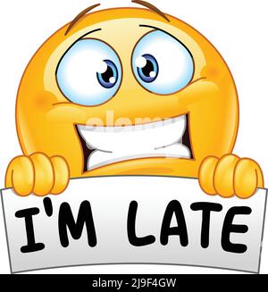 Stressed emoji emoticon holding a sign with the text I’m late Stock Vector