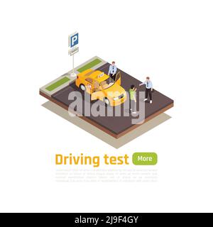Driving school isometric composition with view of parking spot with training car human characters and text vector illustration Stock Vector