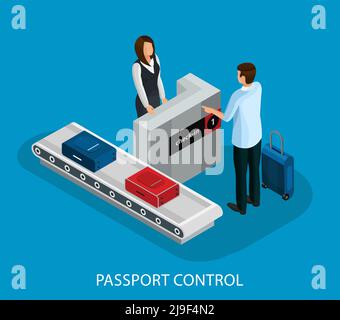 Isometric customs control in airport concept with tourist passing passport and baggage check isolated vector illustration Stock Vector
