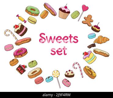 Colorful sweet products set with donuts candies macaroons croissant cookie lollipops cake muffin chocolate bars isolated vector illustration Stock Vector