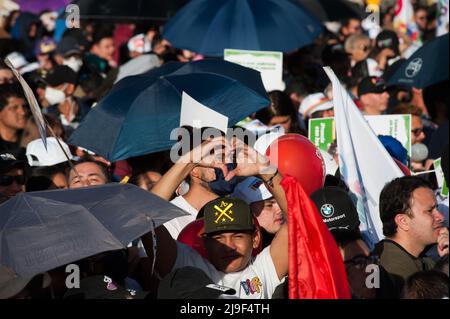 A supporter reacts during the closing campaign rally of left-wing presidential candidate for the political alliance 'Pacto Historico' Gustavo Petro, Stock Photo