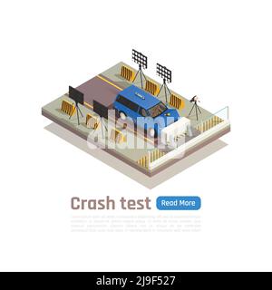 Crash test car safety isometric composition with editable text and view of car crashing into barrier vector illustration Stock Vector