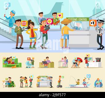 Colorful social network concept with people using gadgets for communication in airport and different places vector illustration Stock Vector