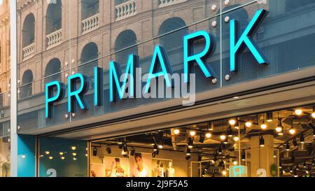 Valencia, Spain - May 2022: Facade of the Primark shop in Valencia. Primark retail clothing and complements store in Valencia. Primark is one of the m Stock Photo