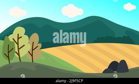 nature farm at summer session background vector, flat design nature landscape illustration Stock Vector