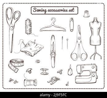 Hand drawn tailoring elements collection with sewing equipment accessories and tools in monochrome style isolated vector illustration Stock Vector