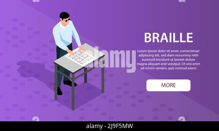 Blind man reading braille through touch isometric horizontal banner with purple raised dots patterns background vector illustration Stock Vector