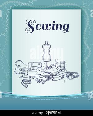 Light tailoring card template with sketch sewing accesories and tools on rectangular frame placing in opened zipper vector illustration Stock Vector