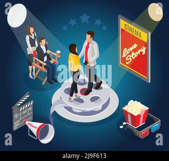 Isometric cinematography composition with couple on film reel director cinema premiere clapper megaphone popcorn glasses vector illustration Stock Vector
