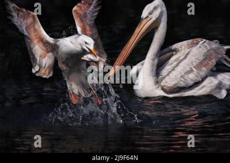 Mixed media photograph and digital art image of a gull stealing a fish from a pelican Stock Photo