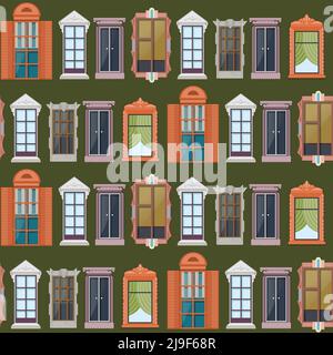 Flat colorful windows seamless pattern with exterior objects of different structure and architecture vector illustration Stock Vector