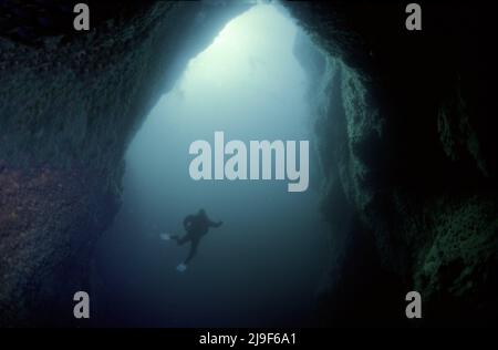 Sgarbhstat  Arch, Diver gives scale to the picture 40m below the surface, 30m through the arch, 20 m wide, and 50 m to the bottom Boreray, St Kilda UK. 1987 Stock Photo