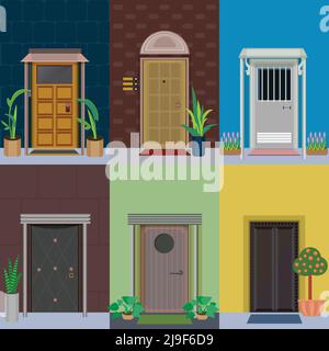 Flat building exterior elements set with plants and flowers in pots near entrance doors isolated vector illustration Stock Vector