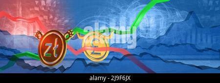 currency exchange rate background. bullish position of british pound to polsky zloty. money represented as golden coins. 3D illustration of forex trad