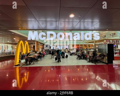 Barcelona, Spain. 21st May, 2022. A McDonald's at Josep Tarradellas Barcelona-El Prat Airport (BCN) on May 21, 2022. The airport is commonly known as Barcelona Airport or El Prat Airport and is the main international gateway to Barcelona and the second busiest airport in Spain. (Photo by Samuel Rigelhaupt/Sipa USA) Credit: Sipa USA/Alamy Live News Stock Photo