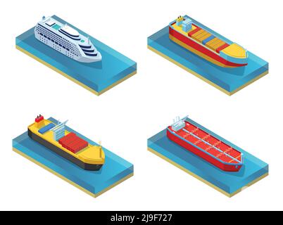 Isometric water transport set with travel cruise liner ferry boat cargo ship and tanker isolated vector illustration Stock Vector
