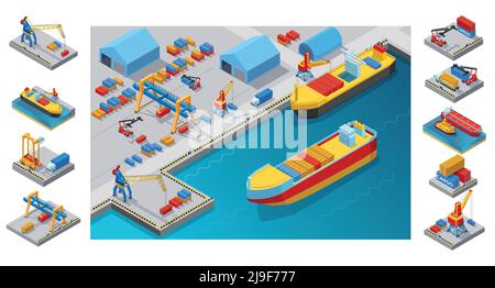 Isometric sea port template with ships loading process cranes containers truck warehouses and logistic elements vector illustration Stock Vector