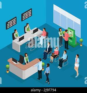 Isometric people in bank office concept with workers clients and different financial services vector illustration Stock Vector