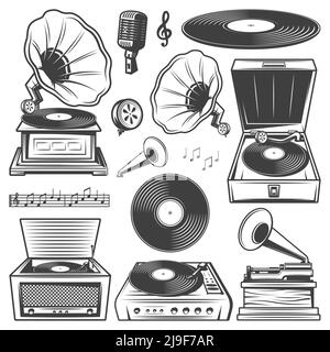 Retro gramophone icons set with turntable vinyl record player phonograph microphone music notes in vintage style isolated vector illustration Stock Vector