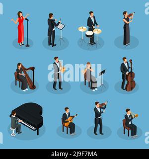 Isometric people in orchestra collection with conductor singer and musicians playing different musical instruments isolated vector illustration Stock Vector