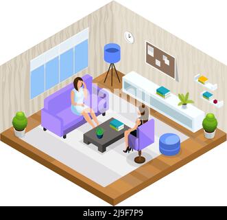 Professional support in stressful situations template with woman visiting psychologist in isometric style isolated vector illustration Stock Vector