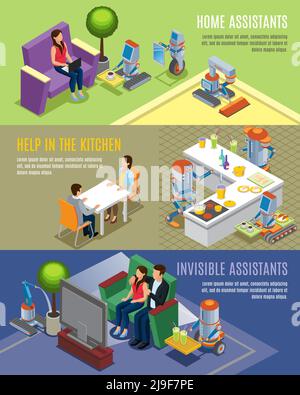 Isometric home robots horizontal banners with robotic assistants helping people in housework cleaning cooking housekeeping vector illustration Stock Vector