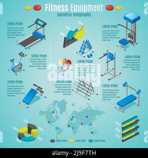 Isometric fitness equipment infographic template with treadmill stationary bike dumbbells barbells different trainers isolated vector illustration Stock Vector