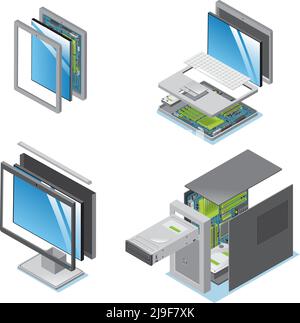 Isometric modern devices and gadgets set with parts and components of tablet laptop computer monitor system unit isolated vector illustration Stock Vector