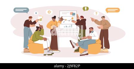 Hackathon or brainstorming flat vector illustration. People working together and creating app design. Business team of project developers and computer programmers create software development in office Stock Vector