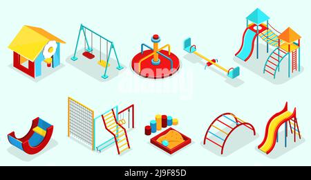 Isometric playground elements set with sandbox recreational swings carousels slides sport sections and attractions isolated vector illustration Stock Vector