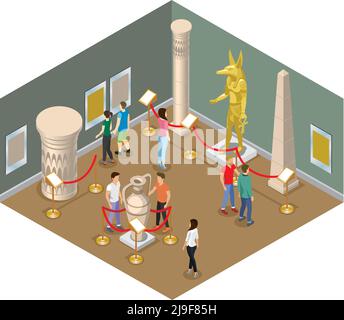 Isometric museum hall concept with visitors view pharaoh statue pictures ancient amphora column and historical buildings isolated vector illustration Stock Vector